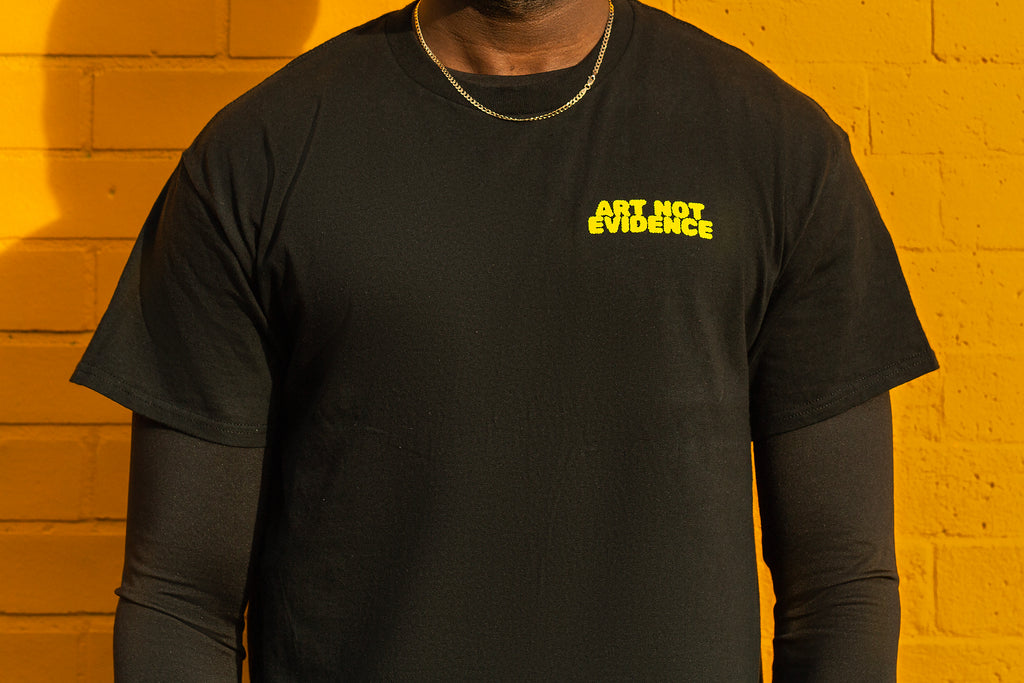 RAP IS ART NOT EVIDENCE logo script t-shirt