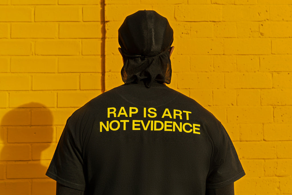 RAP IS ART NOT EVIDENCE logo script t-shirt